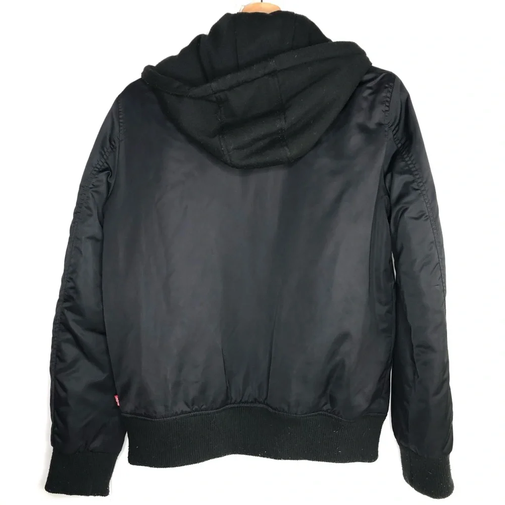 Levis Bomber Jacket Hoodie Mens Sz S Black Softshell Full Zip Hooded Quilt Lined